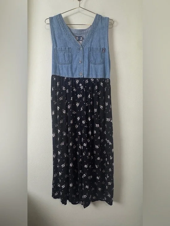 True Blue Vintage Denim Floral Wide Leg Jumpsuit Size L 90s Y2K Boho Cottagecore - Picture 2 of 11